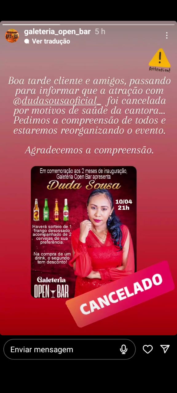 Evento na Galeteria Open Bar que iria acontecido nesta segunda-feira (10) está cancelado.