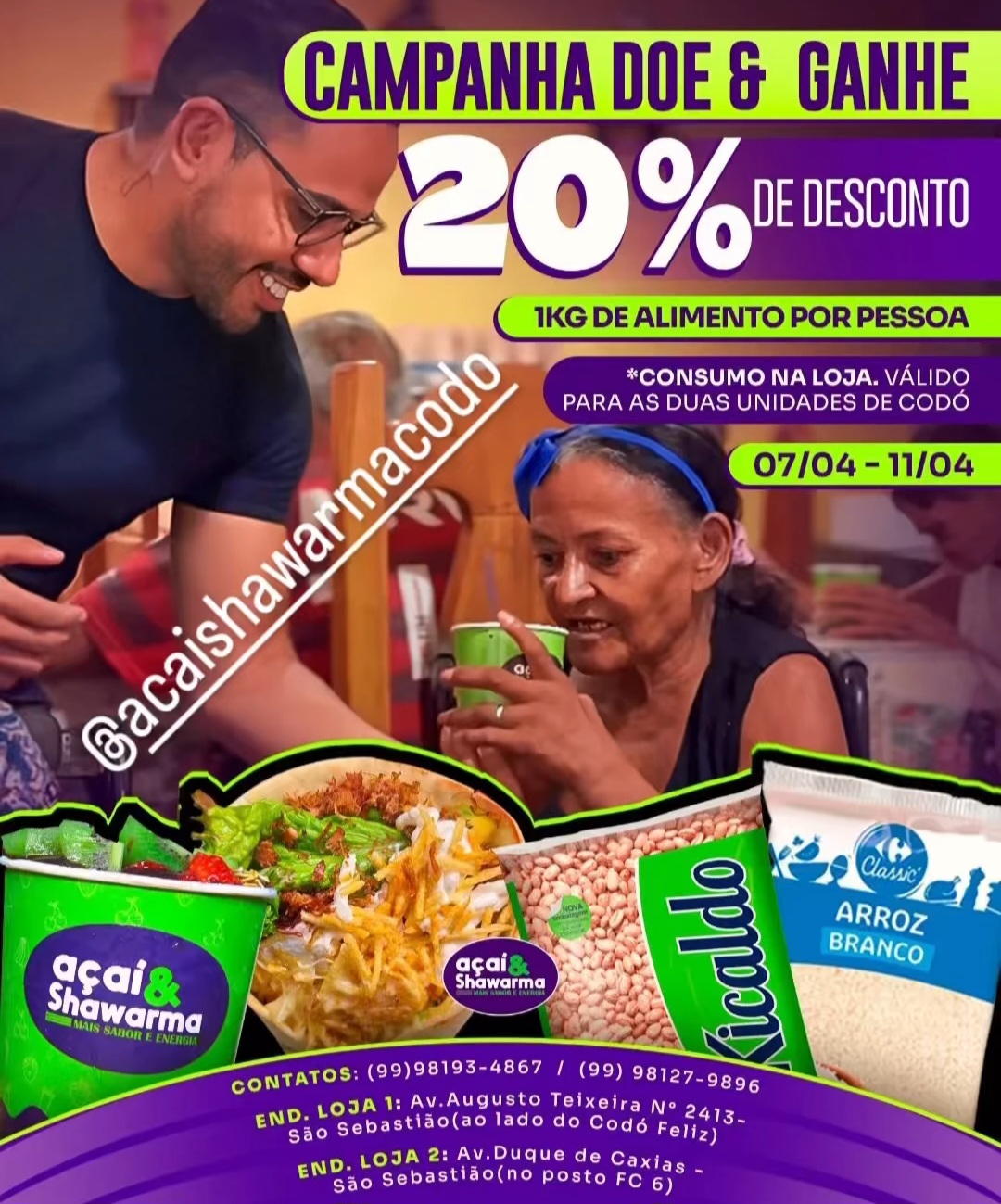 Os melhores lanches preparados com os melhores ingredientes você saboreia no Açaí e Shawarma e ainda pode participar da promoção doe e ganhe