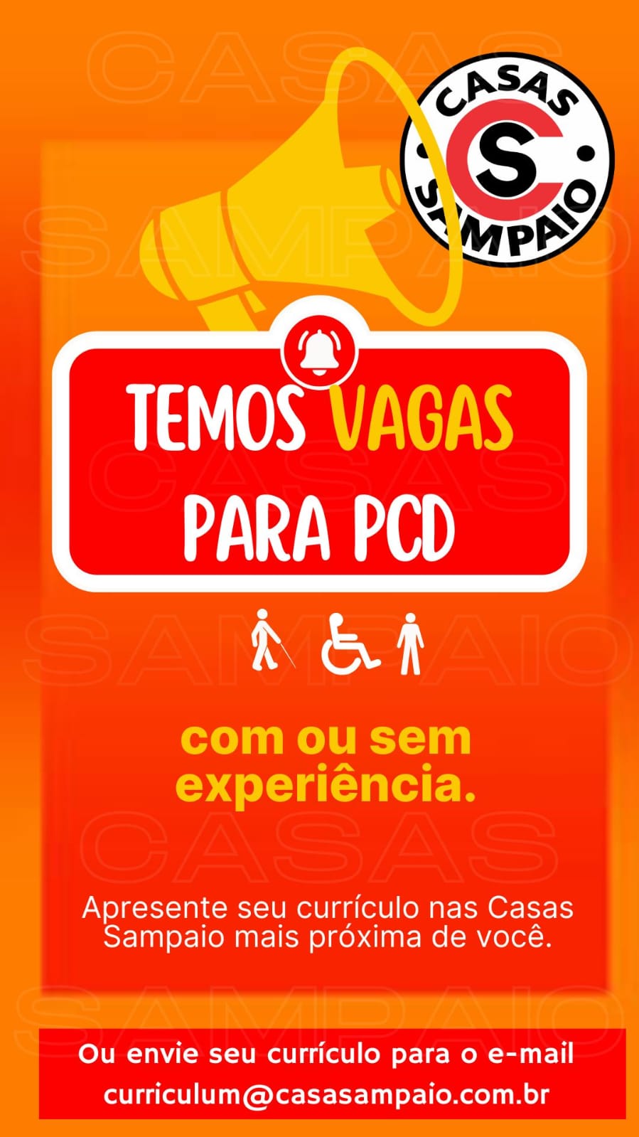 Vaga de emprego nas Casas Sampaio para as pessoas pcd. Confira!
