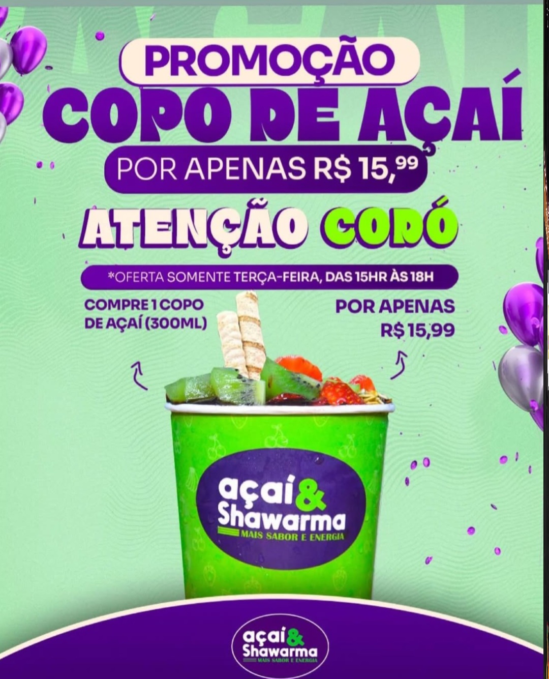 Confira a promoção desta terça-feira (01) do Açaí e Shawarma. Venha aproveitar