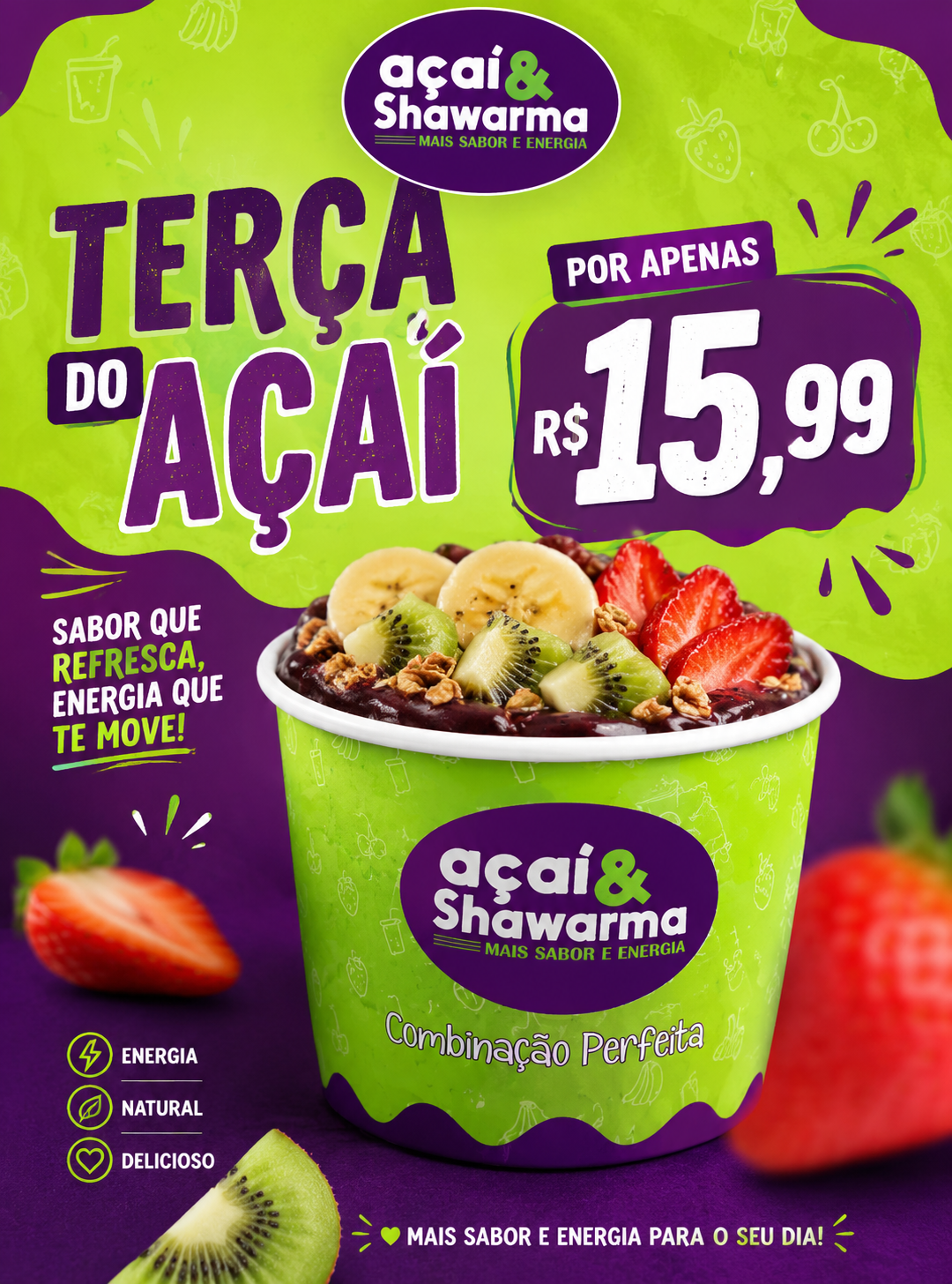 Confira a promoção desta terça-feira (11) do Açaí e Shawarma. Venha aproveitar